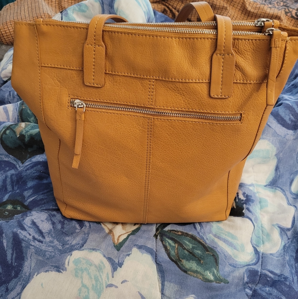 Light brown genuine leather over the shoulder purse.